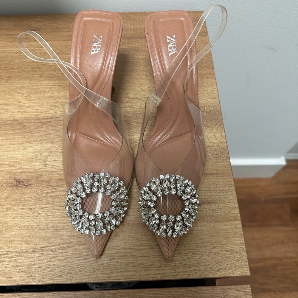 Zara Women's Tan Heels with Crystal Embellishment